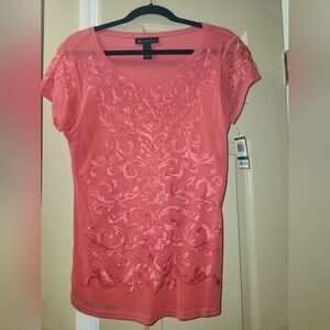 INC Embroidered Polished Coral Short Sleeve Top
